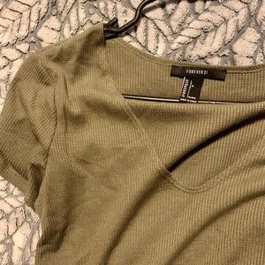 Olive Green Cropped Waffle-Knit Tee